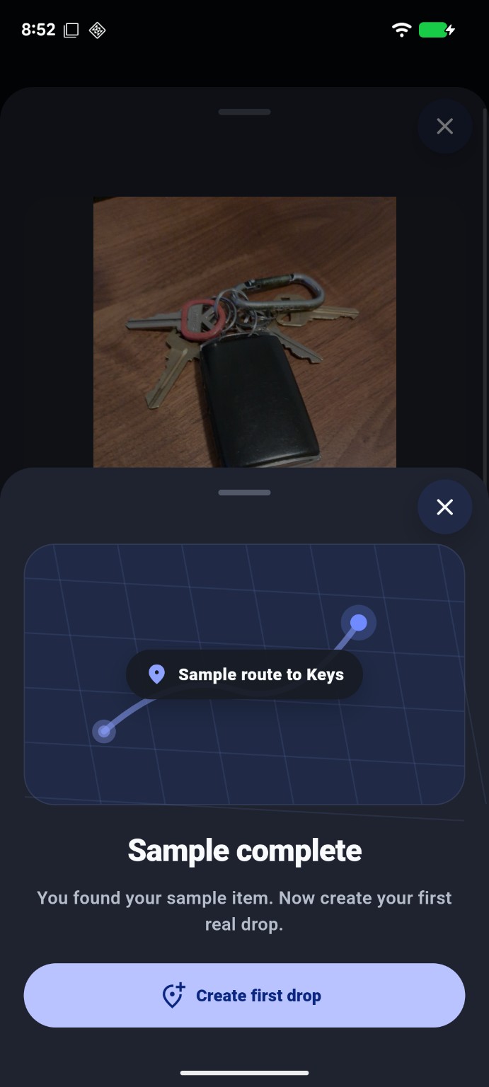 Sample complete screen with first drop saved confirmation
