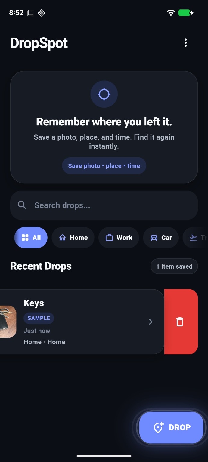 DropSpot swipe-to-delete cue